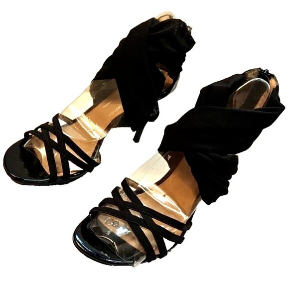 Donald J Pliner Mercy Black Patent Strappy Zip Fabric Ankle Wrap Heels Women 6.5 - Picture 3 of 10